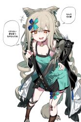  1girl absurdres animal_ears arknights blonde_hair bow choker commentary_request crying drill_hair hair_ornament hand_on_own_hip highres jacket kinbakuman leaning_forward long_hair long_sleeves looking_at_viewer morpheus_(arknights) negligee open_clothes open_jacket open_mouth pointing pointing_at_viewer socks solo tail thigh_strap translation_request wolf_ears wolf_tail yellow_eyes 