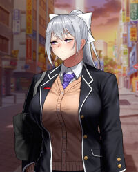  1girl averting_eyes bag black_jacket blazer blurry blurry_background breasts collared_shirt depth_of_field duffel_bag hair_ribbon highres higuchi_kaede higuchi_kaede_(1st_costume) ike_(pixiv87705047) jacket large_breasts looking_to_the_side necktie nijisanji ponytail ribbon road school_uniform shirt solo street upper_body violet_eyes white_hair white_shirt 