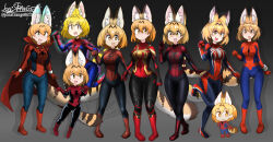  6+girls :3 :d absurdres animal_ear_fluff animal_ears animal_print artist_name black_bodysuit blonde_hair blue_bodysuit blush bodysuit breasts cape cat_ears cat_girl cat_tail chibi chibi_inset clenched_hands closed_mouth commentary cosplay crossed_legs extra_ears full_body gold_trim gradient_background grey_background hair_ornament highres jonstrange0613 kemono_friends kemono_friends_2 kemono_friends_3 large_breasts leg_up looking_at_viewer marvel marvel's_spider-man midair multicolored_bodysuit multiple_girls multiple_persona open_mouth pigeon-toed print_bodysuit red_bodysuit red_cape serval_(kemono_friends) short_hair side-by-side signature silver_trim smile spider-man spider-man:_into_the_spider-verse spider-man:_no_way_home spider-man_(cosplay) spider-man_(series) spider-man_(toei) spider-man_1_(2002) spider-man_2_(2004) spider-man_3 spider-verse spider_print spider_web_print standing striped_tail tail teeth the_amazing_spider-man_2 the_spectacular_spider-man twitter_username two-tone_bodysuit upper_teeth_only what_if...?_(disney+) yellow_eyes yellow_tail 