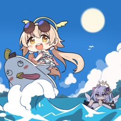  2girls azusa_(blue_archive) azusa_(swimsuit)_(blue_archive) barefoot bikini bird blonde_hair blue_archive blue_sky blush chibi chibi_only closed_mouth clouds commentary_request day eyewear_on_head hair_between_eyes halo hifumi_(blue_archive) hifumi_(swimsuit)_(blue_archive) innertube long_hair multiple_girls open_mouth outdoors peroro_(blue_archive) round_eyewear skullman_(blue_archive) sky sun sunglasses surfboard surfing swim_ring swimsuit taru_haru teeth twintails upper_teeth_only water waves white_bikini white_wings wings yellow_eyes 