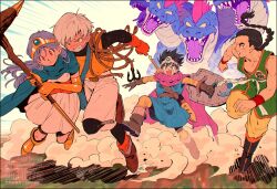  black_hair blue_hair boots braid breasts brown_gloves cape circlet clenched_teeth cloak commentary dougi dragon_quest dragon_quest_iii dust elbow_gloves gloves hero_(dq3) highres holding holding_shield holding_staff holding_weapon kwsby_124 martial_artist_(dq3) monster multiple_boys orange_gloves pink_cape red_eyes red_gloves rope roto_(dq3) running sage_(dq3) sharp_teeth sheath sheathed shield single_braid spiky_hair staff sweat sword teeth thief_(dq3) tunic untranslatable_commentary weapon 