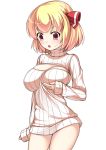  1girl alternate_breast_size alternate_costume blonde_hair blush bottomless breast_lift breasts cleavage cleavage_cutout hair_ribbon highres large_breasts nakamura_kusata no_pants open-chest_sweater open_mouth red_eyes ribbed_sweater ribbon rumia short_hair simple_background solo sweater touhou turtleneck white_background 
