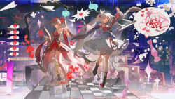  2girls absurdres black_boots black_hair black_hat boots breasts chess_piece chessboard chinese_commentary chinese_text commentary_request dress dual_persona fox_mask hat highres honkai:_star_rail honkai_(series) knight_(chess) long_hair mask mask_on_head mini_hat mini_top_hat mirror multiple_girls pawn_(chess) queen_(chess) red_dress skirt small_breasts smile sparkle_(honkai:_star_rail) sparxie_(honkai:_star_rail) top_hat translation_request twintails very_long_hair violet_eyes white_hair white_skirt zhui_ming_jin_ge 