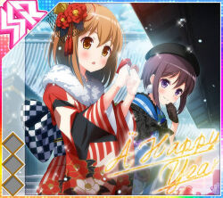  2girls :o album_cover amane_ai architecture beret black_gloves black_hat black_sash blue_kimono blush brown_eyes brown_hair checkered_sash clenched_hand closed_mouth cover diffraction_spikes dot_nose double-parted_bangs east_asian_architecture english_text floral_print floral_print_kimono flower fur-trimmed_kimono fur_trim furisode game_cg gloves hair_flower hair_ornament hand_up hat holding idol_wars japanese_clothes kimono lace lace_gloves medium_hair multiple_girls new_year obi official_art omamori open_mouth print_kimono purple_hair red_flower red_kimono sash short_hair shrine sidelocks smile snow snowing sparkle striped_clothes striped_kimono third-party_source vertical-striped_clothes vertical-striped_kimono violet_eyes white_gloves winter yukishiro_nagisa 