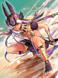  1boy ancient_egyptian_clothes animal_ears animal_hat artist_name black_choker black_gloves black_hat black_ribbon black_shirt black_shorts blue_sky blurry blurry_background bridal_legwear choker chromatic_aberration closed_mouth clouds commentary_request crop_top cyno_(genshin_impact) dark-skinned_male dark_skin day fake_animal_ears fingerless_gloves genshin_impact gloves gold_trim hair_over_one_eye hat hat_ribbon highres holding holding_polearm holding_weapon jackal_ears jagabokkuru light_particles long_hair looking_at_viewer male_focus one_eye_covered outdoors parted_bangs polearm red_eyes ribbon sand serious shirt short_shorts short_sleeves shorts signature sky solo squatting swept_bangs toes usekh_collar watermark weapon white_hair 