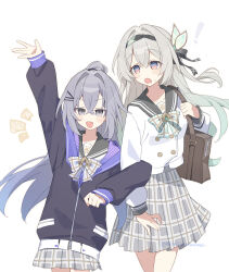  ! 2girls :d absurdres alternate_costume bag black_jacket black_sailor_collar blue_eyes blue_hair brown_bag commentary_request cowboy_shot firefly_(honkai:_star_rail) firefly_(spring_missive)_(honkai:_star_rail) gradient_hair green_hair grey_eyes grey_hair grey_skirt hair_between_eyes highres honkai:_star_rail honkai_(series) jacket multicolored_eyes multicolored_hair multiple_girls open_mouth plaid_clothes plaid_skirt pleated_skirt ponytail sailor_collar shoulder_bag silver_wolf_(honkai:_star_rail) simple_background skirt smile sweatdrop two-tone_eyes uwasewau white_background 