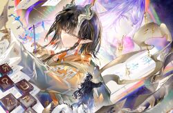  1boy 2girls absurdres arknights black_coat black_hair book braid braided_sidelock chiaspicy chinese_commentary coat colored_extremities commentary_request dragon_boy dragon_girl dragon_horns dragon_tail earrings from_side frown gold_hands grey_hair hand_up highres holding holding_pencil horns jacket jewelry jie_(arknights) jun_(arknights) long_hair looking_at_viewer multicolored_hair multiple_girls open_book orange_jacket paper pencil pointy_ears purple_hair shirt short_hair siblings single_sidelock smile streaked_hair tail tassel tassel_earrings wang_(arknights) white_shirt 