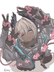  1girl absurdres arknights bird_girl black_feathers black_gloves blush cable commentary dark-skinned_female dark_skin extra_arms feather_hair feathers flower gloves grey_hair hair_flower hair_ornament head_wings highres jacket kuramidomoyasi looking_at_viewer multicolored_gloves one_eye_closed pink_gloves quadruple_v raidian_(arknights) short_hair simple_background smile solo two-tone_gloves unusually_open_eyes v white_background wings 