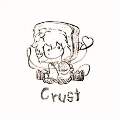  1girl boots bread bread_slice chibi chibi_only commentary_request eyeball food frilled_sleeves frills heart heart_of_string komeiji_koishi long_sleeves looking_at_viewer menotama multi-source_commentary no_headwear oversized_food oversized_object solo third_eye toast touhou traditional_media wide_sleeves 