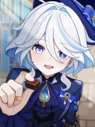  1girl ascot bandaid bandaid_on_finger bandaid_on_hand black_jacket blue_ascot blue_bow blue_coat blue_hat blue_pupils blue_shirt blunt_bangs bow brooch candy chocolate coat commentary_request drop-shaped_pupils food furina_(genshin_impact) genshin_impact hair_between_eyes hair_intakes hat heart heart-shaped_chocolate heart-shaped_food heterochromia highres holding holding_chocolate holding_food incoming_food indoors irodo_1024 jacket jewelry long_sleeves multicolored_hair open_mouth shirt solo streaked_hair symbol-shaped_pupils top_hat two-tone_hair upper_body white_hair 