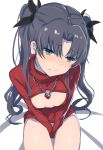  1girl black_hair blush cleavage_cutout fate/stay_night fate_(series) fenrirr hair_ribbon highres jewelry looking_away necklace open-chest_sweater ribbon sitting solo sweater tohsaka_rin toosaka_rin twintails v_arms 