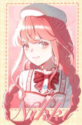  1girl absurdres beret bloom_poetry_(shining_nikki) border bow bowtie braid brown_eyes brown_pupils character_name chinese_commentary closed_mouth clothes_writing commentary_request dot_nose dotted_line dress eyelashes frilled_shirt frills happy happy_birthday hat highres light_blush light_particles lipstick long_hair low_twin_braids makeup moyu_de_liang nikki_(nikki) nikki_(series) outside_border pinafore_dress pink_background pink_dress pink_hair pink_lips plaid_clothes plaid_dress red_bow red_bowtie sample_watermark shining_nikki shirt sleeveless sleeveless_dress smile snowflake_necklace solo sparkle striped_bow striped_bowtie striped_clothes twin_braids upper_body very_long_hair watermark watermark_grid white_hat white_shirt yellow_border 