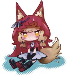 1girl :< animal_ear_fluff animal_ears arknights arknights:_endfield black_boots blonde_hair boots cape chibi closed_mouth commentary_request dress ears_through_headwear gloves highres hood hood_up hooded_cape kara_aren red_cape rossi_(arknights) sitting skirt solo tail white_dress wolf_ears wolf_girl wolf_tail yellow_eyes 