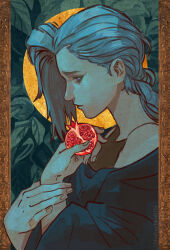  1girl arcane:_league_of_legends arcane_jinx babu_(babushkahihi) bags_under_eyes black_robe blue_hair border braid brown_border closed_mouth food fruit furrowed_brow halo highres holding holding_food holding_fruit holding_own_wrist jinx_(league_of_legends) league_of_legends long_hair pomegranate robe single_bare_shoulder solo twitter_username upper_body violet_eyes 