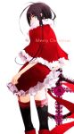  1girl black_hair blue_eyes capelet cowboy_shot frilled_skirt frills from_behind from_side fur_trim garter_straps long_hair looking_at_viewer merry_christmas original santa_costume simple_background skirt solo thigh-highs tsukimori_usako white_background zettai_ryouiki 