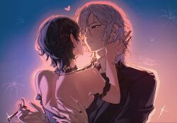  1boy 1girl aerial_fireworks androgynous backless_dress backless_outfit bare_back bare_shoulders black_bodice black_choker black_dress black_hair black_suit boruto:_two_blue_vortex breasts choker commentary dress earrings english_commentary faceless faceless_female fireworks frilled_choker frills hair_over_one_eye hand_on_another's_back highres holding holding_another's_hair holding_removed_eyewear imminent_kiss jewelry looking_at_another medium_hair mitsuki_(naruto) naruto_(series) pale_skin pendant ring short_hair sideboob slit_pupils small_breasts suit sunny_monki twitter_username uchiha_sarada unworn_eyewear white_hair yellow_eyes 