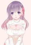  1girl bangs breasts cleavage fate/stay_night fate_(series) hair_ribbon highres large_breasts long_hair matou_sakura open-chest_sweater parted_lips pink_background purple_hair ribbed_sweater ribbon roku solo sweater turtleneck violet_eyes 