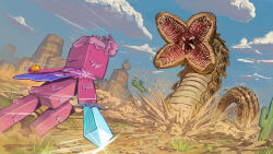  apple battle benii21 cactus clouds commission dashing desert digging feathers food fruit golden_apple highres holding holding_sword holding_weapon minecraft_sword minecraft_youtube monster outdoors pink_feathers sandworm spines sword too_many_teeth weapon wyrm 