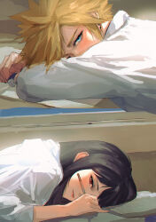  1boy 1girl absurdres arms_on_table artist_name black_hair blonde_hair blue_eyes blush closed_mouth cloud_strife commentary contemporary covered_mouth desk english_commentary eraser final_fantasy final_fantasy_vii final_fantasy_vii_remake from_side head_on_table highres holding holding_pencil indoors long_hair looking_at_another looking_to_the_side pencil red_eyes school_desk school_uniform shirt short_hair spiky_hair split_screen spykeee tifa_lockhart upper_body white_shirt 