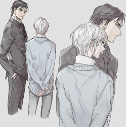  2boys arms_behind_back black_jacket black_pants black_suit blue_cardigan breast_pocket brown_hair cardigan commentary_request cropped_legs grey_background hand_in_pocket hijiyama_takatoshi_(2188) jacket juusan_kihei_bouei_ken koto_(gamelife506) male_focus multiple_boys multiple_views okino_tsukasa_(2188) pants pocket short_hair simple_background suit white_hair 