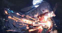  1girl :d ^_^ cho_kaguya-hime! closed_eyes commentary_request crescent crescent_hair_ornament facing_viewer fireworks floating_hair full_moon grey_hair hair_ornament highres holding holding_fireworks holding_stuffed_toy japanese_clothes ji_dao_ji kaguya_(cho_kaguya-hime!) kimono long_hair moon night obi outdoors red_kimono sash senkou_hanabi sky sleeveless sleeveless_kimono smile solo sparkler star_(sky) starry_sky stuffed_animal stuffed_toy very_long_hair 