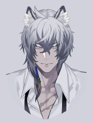  1boy animal_ear_fluff animal_ears ark1478 arknights blue_eyes closed_mouth collarbone collared_shirt commentary_request earrings grey_background grey_eyes grey_hair hair_between_eyes highres jewelry looking_at_viewer male_focus portrait scar scar_on_chest shirt silverash_(arknights) simple_background single_earring smile snow_leopard_boy snow_leopard_ears solo white_shirt 