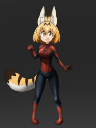  1girl :d absurdres animal_ear_fluff animal_ears animal_print artist_name blonde_hair blue_bodysuit blush bodysuit breasts cat_ears cat_girl cat_tail clenched_hand commentary cosplay curled_fingers extra_ears full_body grey_background hair_between_eyes hand_up highres jonstrange0613 kemono_friends large_breasts looking_at_viewer marvel multicolored_bodysuit open_mouth pigeon-toed print_bodysuit red_bodysuit serval_(kemono_friends) short_hair signature smile solo spider-man spider-man_(cosplay) spider-man_(series) spider-man_1_(2002) spider-man_2_(2004) spider-man_3 spider_print spider_web_print standing striped_tail superhero_costume tail two-tone_bodysuit yellow_eyes yellow_tail 