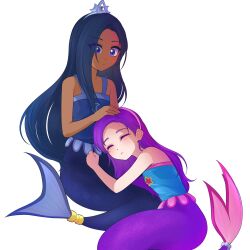  2boys black_eyes black_hair closed_eyes closed_mouth commentary frown half0909 highres indigo_keen_(rainbow_bubblegem) korean_commentary mermaid monster_girl multiple_boys purple_hair purple_star_(rainbow_bubblegem) rainbow_bubblegem silver_tiara symbol_in_eye untranslatable_commentary white_background 