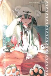  029 1girl animal_costume animal_ears animal_hood bear_costume bear_ears bear_hood bed bed_sheet bedroom black_ribbon blush cosplay english_commentary full_body green_hair hair_ribbon hand_puppet hand_up highres hood hood_up indoors kigurumi kuma_kuma_kuma_bear long_hair long_sleeves looking_at_viewer morning official_art on_bed one_eye_closed open_mouth pillow puppet red_eyes red_ribbon ribbon rubbing_eyes sitting sleepy solo third-party_source under_covers waking_up yuna_(kuma_kuma_kuma_bear) 