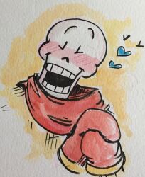  1boy 2017 2d bad_id bad_tumblr_id cape cropped_head gloves heart humanoid male male_focus male_only marker_(medium) monster monster_boy open_mouth orange_background own_hands_together papyrus_(undertale) pen_(medium) simple_background skeleton solo stuffedart teeth third-party_source traditional_media two-tone_background undead undertale utdr_(toby_fox) white_background 