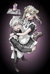  1boy 1girl amugonagurim apron black_dress black_pants black_shirt black_wrist_cuffs blonde_hair bloomers breasts collared_dress collared_shirt commentary_request double_bun dress fancy_dessert food full_body green_eyes grey_hair hair_between_eyes hair_bun hand_on_another's_shoulder highres holding holding_plate ice_cream korean_commentary long_hair maid maid_apron maid_headdress maka_albarn medium_breasts open_mouth pants plate puffy_short_sleeves puffy_sleeves purple_background red_eyes roller_skates sharp_teeth shirt short_hair short_sleeves skates smile soul_eater soul_evans spiky_hair sundae teeth thigh-highs twintails vignetting white_apron white_bloomers white_thighhighs wrist_cuffs 