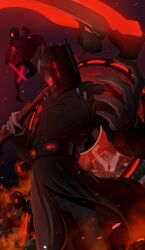  1girl 2boys absurdres armor coat commentary dual_wielding embers english_commentary executor_speaker_man extra_eyes fire giant giant_male glowing glowing_eye glowing_eyes glowing_halo glowing_weapon hakari_dance halo hand_up highres holding holding_scythe holding_sword holding_weapon multiple_boys object_head pauldrons plasma_sword post-apocalypse red_halo red_theme ruins scythe shoulder_armor skibidi_toilet_(series) speaker_man_(character) speaker_woman sword trench_coat uohqgefyk1llg1e weapon 