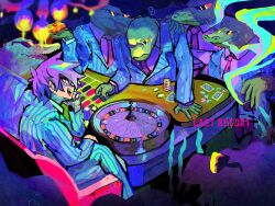  6+boys :d antenna_hair arm_support between_fingers blue_jacket blue_pants bossman_hero brothers card chair checkers_piece cigarette clenched_hand collared_shirt colored_skin commentary food furry furry_male gambling gator_guy_(omori) green_skin grin hand_on_another's_shoulder hand_on_own_chin hand_on_own_thigh hero_(headspace)_(omori) hero_(omori) highres holding holding_cigarette holding_food holding_pizza honshiya in-universe_location jacket long_sleeves looking_at_another male_focus multiple_boys necktie omori on_chair open_mouth pants pizza pizza_slice playing_card profile purple_hair red_necktie seashell sharp_teeth shell shirt short_hair siblings sitting smile smoke striped_clothes striped_jacket striped_pants sunglasses sweat teeth tongue tongue_out untranslatable_commentary vertical-striped_clothes vertical-striped_jacket vertical-striped_pants white_eyes white_shirt 