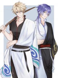  2boys black_shirt blonde_hair blue_eyes blue_hair bokken check_commentary commentary_request cosplay flins_(genshin_impact) genshin_impact gintama hadanugi_dousa highres holding holding_sword holding_weapon japanese_clothes kimono male_focus multiple_boys nakamura_yuuichi necoco112061 open_clothes open_kimono sakata_gintoki sakata_gintoki_(cosplay) sakata_kintoki_(gintama) sakata_kintoki_(gintama)_(cosplay) shirt sugita_tomokazu sword twitter_username varka_(genshin_impact) voice_actor_connection weapon white_kimono white_shirt wooden_sword yellow_eyes 