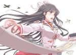  1girl airplane black_hair brown_eyes bust dated hair_ribbon hime_cut hiyou_(kantai_collection) kantai_collection long_hair magatama military military_uniform open_mouth pureji_oshou ribbon scroll twitter_username uniform white_background 