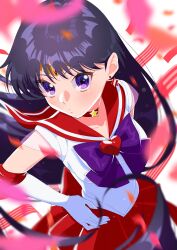  1girl bishoujo_senshi_sailor_moon black_hair bow bowtie brooch choker closed_mouth collarbone commentary_request dot_mouth earrings elbow_gloves gloves hand_on_own_hip heart heart_brooch highres hino_rei jewelry long_hair looking_at_viewer magical_girl purple_bow purple_bowtie red_choker red_sailor_collar red_skirt sailor_collar sailor_mars sailor_senshi sailor_senshi_uniform skirt solo star_(symbol) star_choker star_earrings super_sailor_mars violet_eyes wataamesaikoh white_gloves 