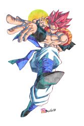  1boy abs absurdres artist_name beatlo_(rodrigo38658978) black_vest blue_sash cropped_vest dragon_ball dragon_ball_super dragon_ball_super_broly dragon_ball_z full_body gogeta highres metamoran_vest muscular muscular_male no_shirt open_clothes open_vest pants red_eyes red_hair sash solo spiky_hair super_saiyan super_saiyan_god vest white_pants 
