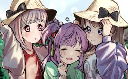  3girls :d :o ^_^ black_bow bob_cut bow brown_hair closed_eyes closed_mouth colored_inner_hair commentary_request facing_viewer flower fujishima_megumi green_shirt grey_jacket grey_shirt hair_bun hair_flower hair_ornament hasu_no_daisankaku hat hat_bow highres inverted_bob jacket kyaku_tasu link!_like!_love_live! looking_at_another love_live! multicolored_hair multiple_girls open_clothes open_jacket open_mouth otomune_kozue outdoors purple_hair purple_jacket red_flower red_shirt red_streaks seeno_de!_hasu_no_sora! shirt side_ponytail single_side_bun smile straw_hat streaked_hair tassel tassel_hair_ornament upper_body yugiri_tsuzuri 