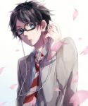  1boy arima_kousei black_hair blue_eyes cherry_blossoms earphones glasses male petals school_uniform shigatsu_wa_kimi_no_uso tsuyuki_(oudan_chitsujo_xxx) 