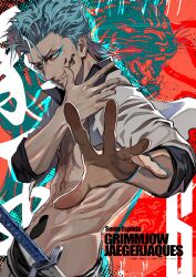  1boy arrancar bleach blue_eyeliner blue_eyes blue_hair broken_mask commentary_request eyeliner facial_mark grimmjow_jaegerjaquez highres hole_in_stomach hole_on_body hollow_mask jacket lam_(ramdayo) looking_at_viewer makeup male_focus mask scar scar_on_chest short_hair solo spiky_hair 