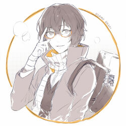  1boy adjusting_eyewear akutagawa_ryuunosuke_(bungou_stray_dogs) bag bag_charm bandaged_arm bandages bespectacled bungou_stray_dogs character_charm character_name charm_(object) commentary_request dazai_osamu_(bungou_stray_dogs) glasses jacket limited_palette long_sleeves looking_at_viewer male_focus monochrome nakahara_chuuya_(bungou_stray_dogs) orange-framed_eyewear orz1016 parted_lips school_bag short_hair shoulder_bag smile solo sweater vest 