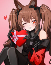  1girl absurdres angelina_(arknights) animal_ear_fluff animal_ears arknights arknights:_endfield bare_shoulders black_gloves black_thighhighs box breasts brown_hair coat commentary diamond-shaped_pupils diamond_(shape) dot_nose double-parted_bangs dress elbow_gloves fox_ears fox_girl gift gift_box gilberta_(arknights) gloves grey_dress grin hair_between_eyes headpiece heart heart-shaped_box high_collar highres holding holding_gift jiyamig knees_up long_hair long_sidelocks looking_at_viewer medium_breasts off_shoulder one_eye_closed open_clothes open_coat pink_background red_coat red_eyes sidelocks simple_background sleeveless sleeveless_dress smile solo symbol-shaped_pupils thigh-highs twintails valentine 