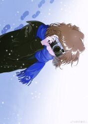  1girl absurdres bisho_imobing_hito black_coat blue_scarf brown_hair closed_mouth coat commentary_request digital_camera footprints haibara_ai highres long_sleeves meitantei_conan outdoors scarf short_hair snowing solo winter winter_clothes 