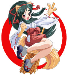  1girl animal_ears animal_hands bad_id bamboo_broom black_hair bow broom claws fang full_body hair_bow hakama hakama_short_skirt hakama_skirt holding holding_broom japanese_clothes kimono long_hair looking_at_viewer nontraditional_miko original ponytail red_bow red_eyes red_hakama sandals skirt socks solo tabi taguchi_makoto tail tassel white_kimono white_socks wide_sleeves zouri 