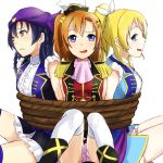  3girls ayase_eli blonde_hair blue_eyes blue_hair dancing_stars_on_me! epaulettes girl_sandwich hair_ornament kousaka_honoka love_live!_school_idol_project michigan multiple_girls open_mouth orange_hair sandwiched side_ponytail simple_background skull_and_crossbones skull_hair_ornament sonoda_umi tagme thigh-highs tied_up wavy_mouth white_background yellow_eyes 