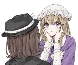  2girls black_capelet black_hat black_ribbon blonde_hair blush bow brown_hair capelet collared_dress commentary crossed_arms dress hand_on_another's_cheek hand_on_another's_face hat hat_bow highres kashiwada_kiiho long_hair long_sleeves maribel_hearn medium_hair mob_cap multiple_girls neck_ribbon parted_lips purple_dress ribbon shirt touhou untranslatable_commentary upper_body usami_renko violet_eyes white_background white_hat white_shirt 