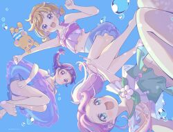  air_bubble alternate_hairstyle artist_name asahina_mirai barefoot bikini blonde_hair blue_background blue_bikini blue_one-piece_swimsuit braid braided_ponytail bubble closed_mouth cure_magical frown green_eyes green_shirt hair_tie halterneck hanami_kotoha highres lilylily0601 long_hair low_twintails mahou_girls_precure! mismatched_bikini mofurun_(mahou_girls_precure!) navel one-piece_swimsuit open_mouth pink_bikini pink_hair precure purple_hair shirt short_hair single_braid sleeveless sleeveless_shirt smile stuffed_animal stuffed_toy swim_ring swimsuit teddy_bear twintails twitter_username two-tone_shirt underwater upside-down violet_eyes white_shirt 