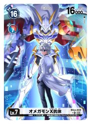  1boy arm_blade arm_cannon artist_name blue_eyes blue_pants cape card_(medium) character_name coat commentary_request cool_boy_(digimon) digimon digimon_(creature) digimon_card_game digimon_liberator fake_trading_card full_body grey_hair hands_in_pockets highres holographic_interface mecha omegamon omegamon_x-antibody pants red_cape robot short_hair sunglasses sword tygmac05 weapon white_cape white_coat 