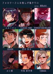  1girl 6+boys 96edtd :o alcohol alternate_universe animification bandaid bandaid_on_cheek bandaid_on_face black_hair black_hoodie blindfold blood blood_on_face blood_on_hands blue_hoodie boku_no_hero_academia bottle brown_hair character_name code_geass commentary cup domino_mask eddsworld eduardo_(eddsworld) eli_clark english_commentary eye_mask facial_hair flipped_hair followers_favorite_challenge fork green_jacket grin hair_ears highres holding holding_bottle holding_cup holding_fork hollow_eyes hood hood_down hood_up hoodie identity_v jacket kirishima_eijiro lelouch_vi_britannia looking_at_viewer major male_focus mask matt_(eddsworld) medium_hair mug multiple_boys multiple_drawing_challenge mustache_stubble orange_hair prototype_design purple_hoodie red_hair sawamura_ryota scene_reference short_hair smile spiky_hair stubble superhero_costume tamara_(eddsworld) topknot tord_(eddsworld) translation_request uneven_eyes vodka 