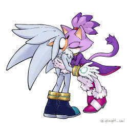  1boy 1girl absurdres artist_name blaze_the_cat blush commentary english_commentary furry furry_female furry_male gknight_owl gloves hetero high_heels highres hug silver_the_hedgehog simple_background sonic_(series) white_background white_gloves 